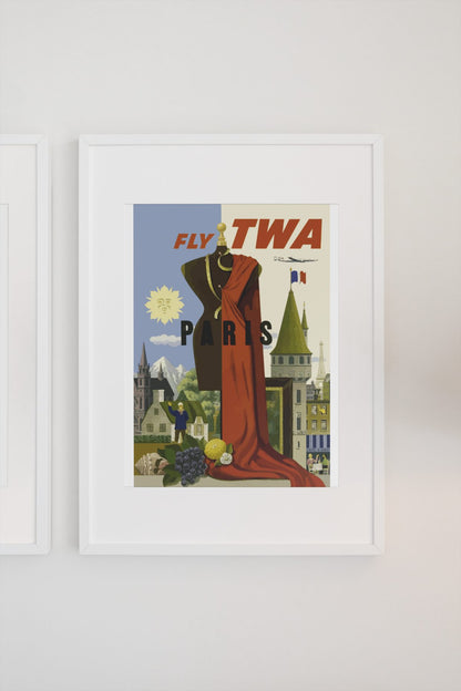 Paris Fly TWA 1950s poster on a light wall