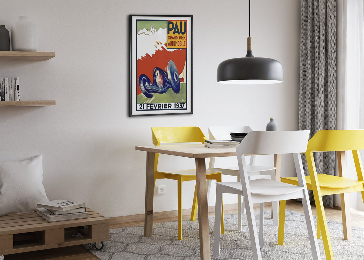 Pau Grand Prix 1937 poster framed above a dining table