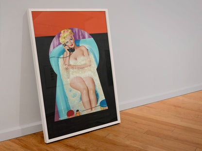 Peek-a-Boo poster in a white frame leaning against a wall