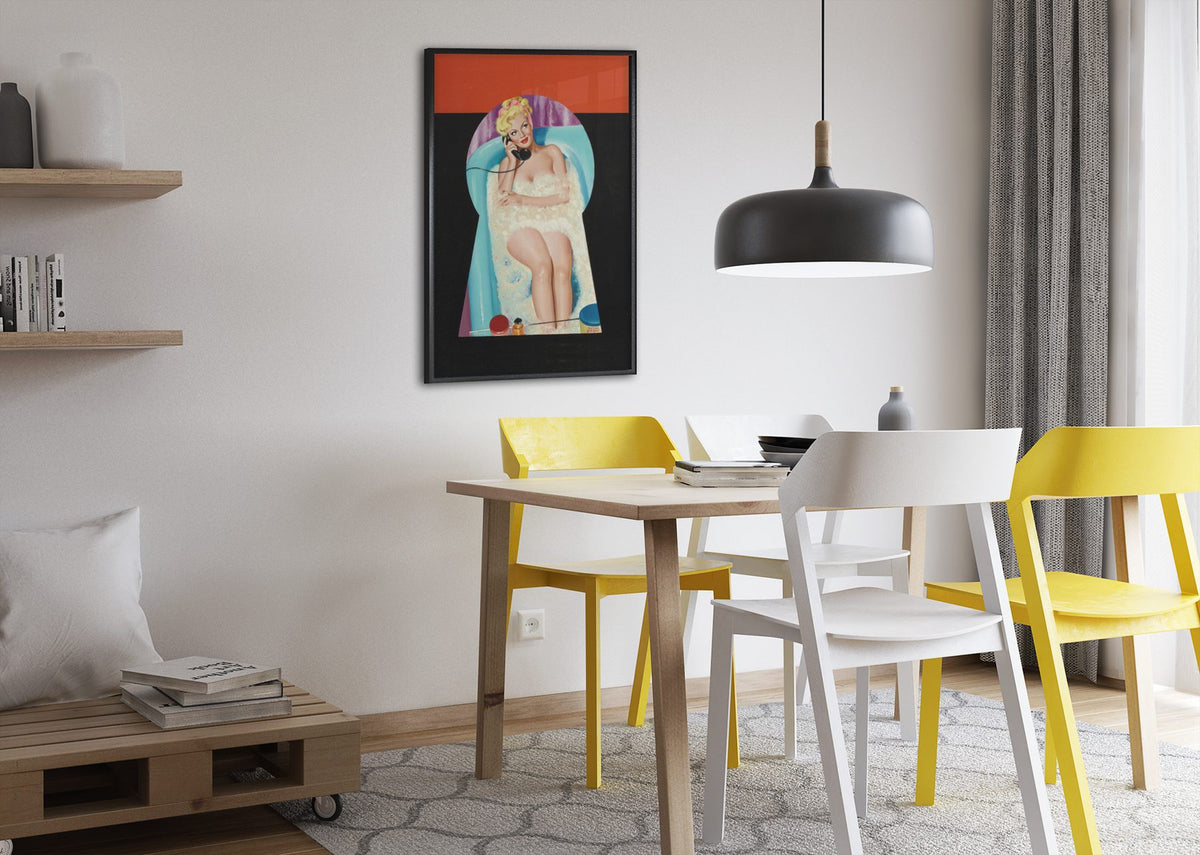 Peek-a-Boo poster framed above a dining table
