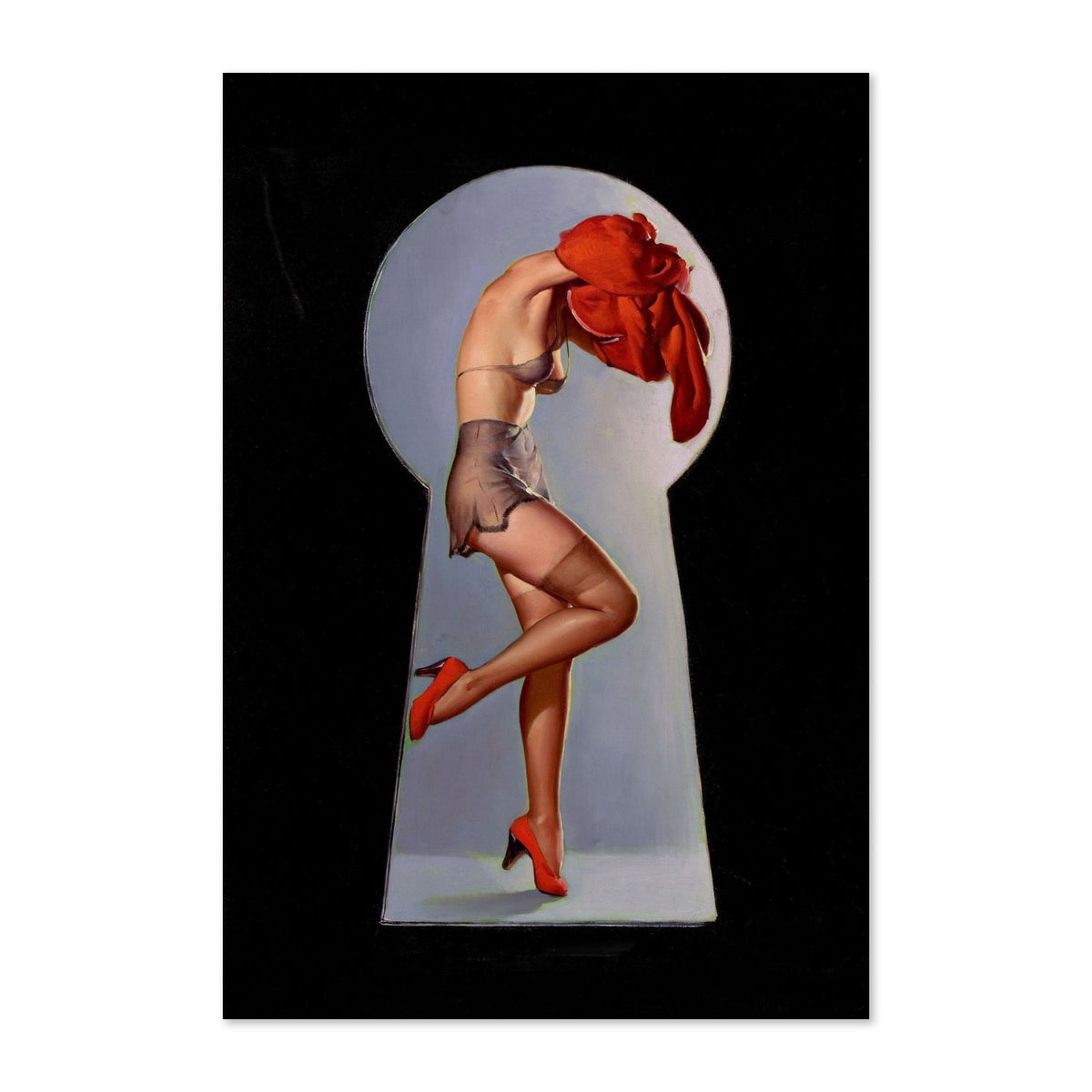 Peek-a-View by Gil Elvgren, pin-up poster — framed print