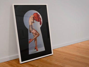 Peek-a-View by Gil Elvgren, pin-up poster — leaning frame