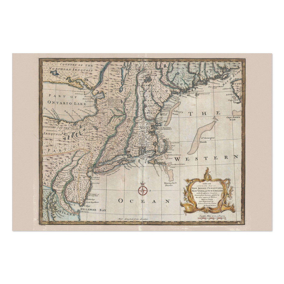 Pennsylvania, New Jersey & New York 1740s Map vintage print