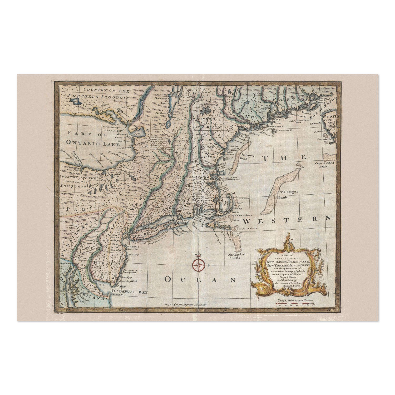 Pennsylvania, New Jersey & New York 1740s Map vintage print