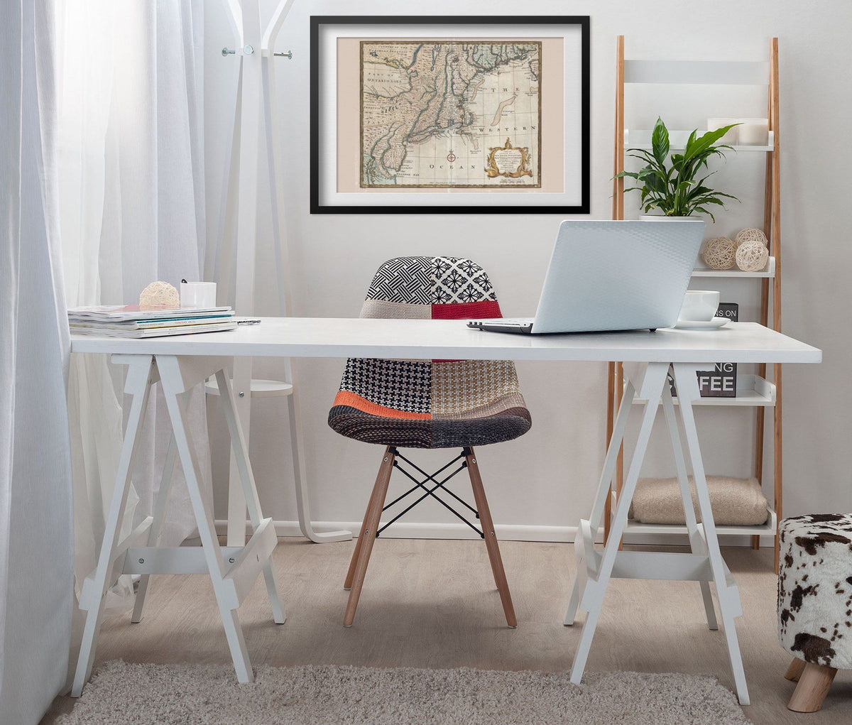 Pennsylvania, New Jersey & New York 1740s Map print framed above a white desk in a home office