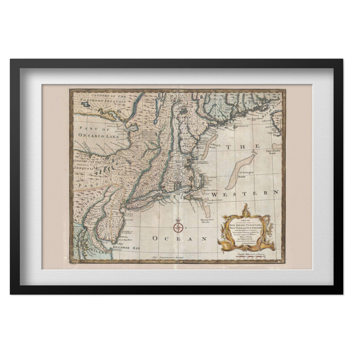 Pennsylvania, New Jersey & New York 1740s Map print in a black frame with a white mat