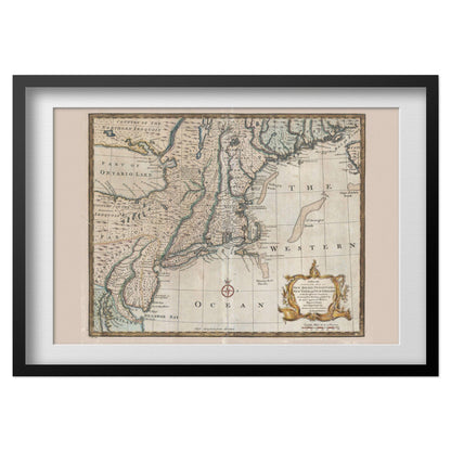 Pennsylvania, New Jersey & New York 1740s Map print in a black frame with a white mat