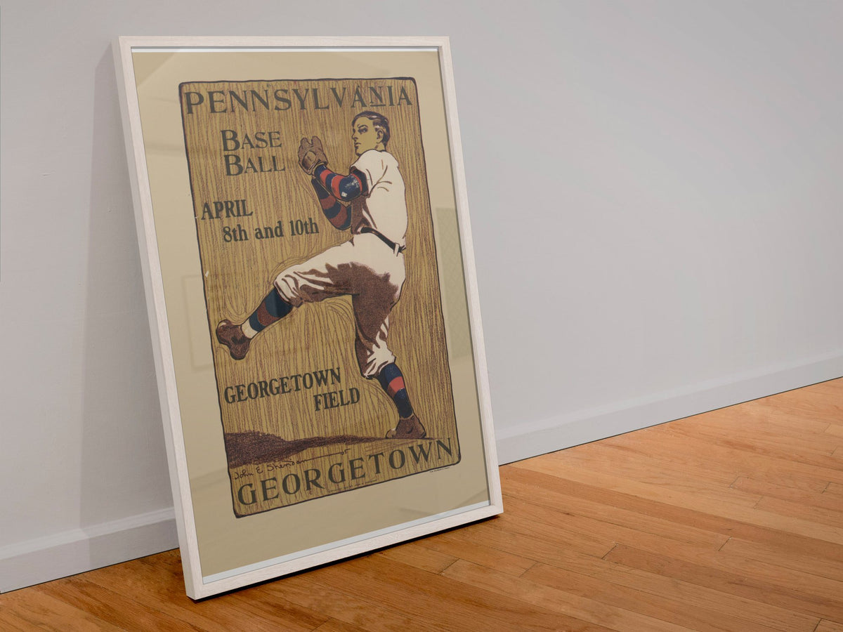 Pennsylvania Georgetown Baseball 1905 poster in a white frame leaning against a wall