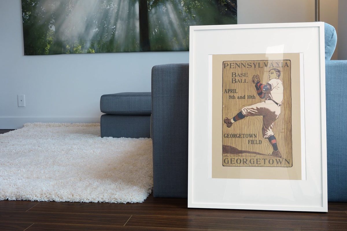 Pennsylvania Georgetown Baseball 1905 poster leaning beside a blue sofa