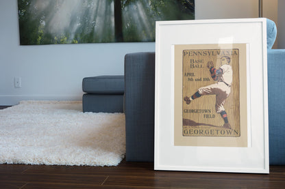 Pennsylvania Georgetown Baseball 1905 poster leaning beside a blue sofa
