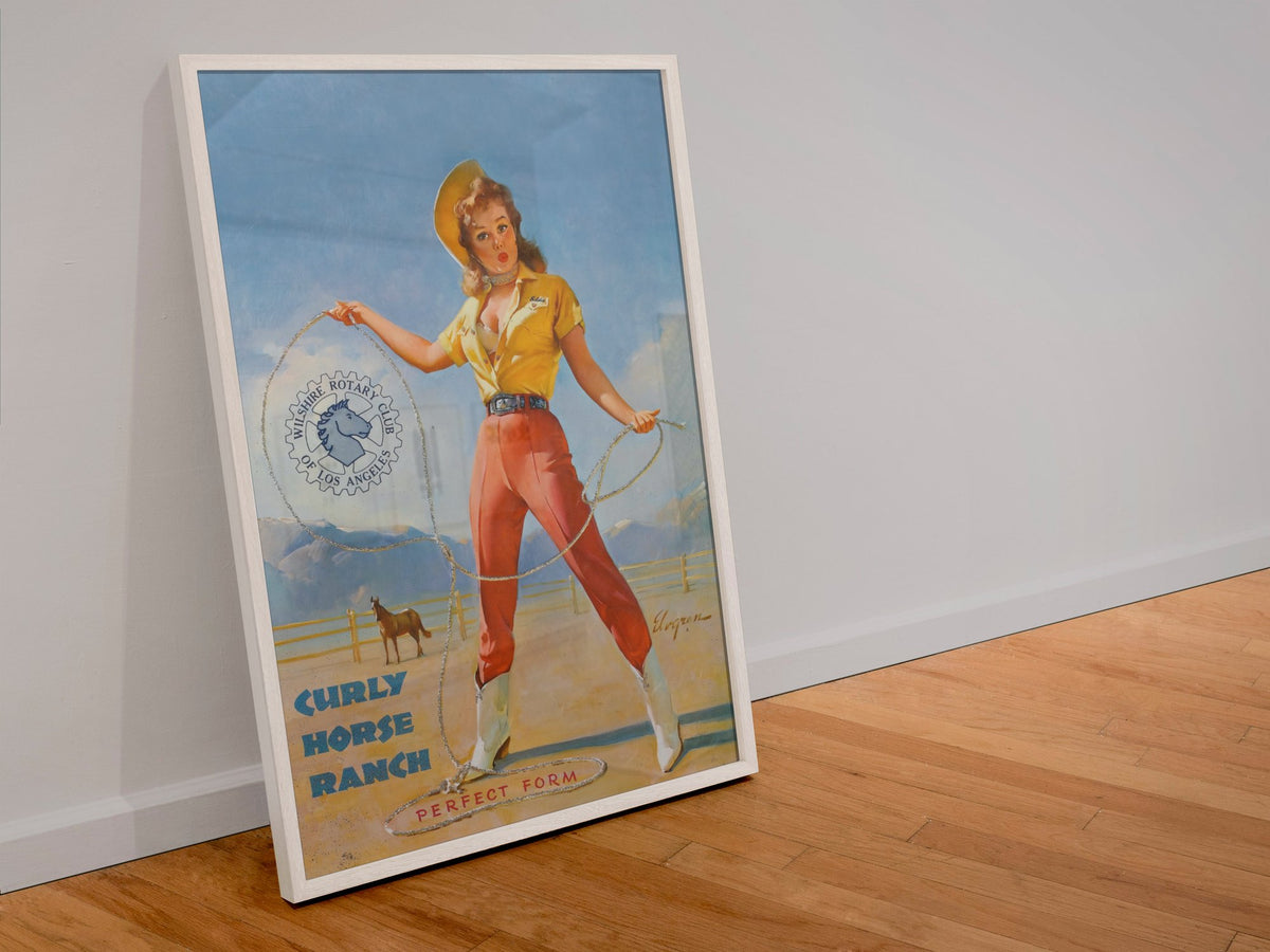 Perfect Form by Gil Elvgren, pin-up poster — leaning frame