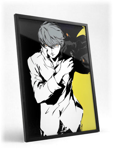 Persona 4 The Animation Yu Narukami Art poster in a black frame with glass leaning against a wall