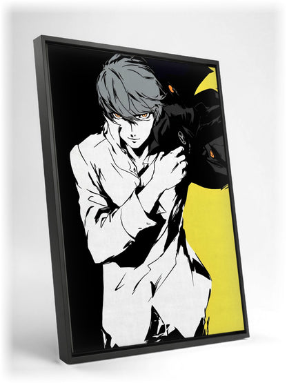 Persona 4 The Animation Yu Narukami Art as a black floater framed canvas leaning against a wall