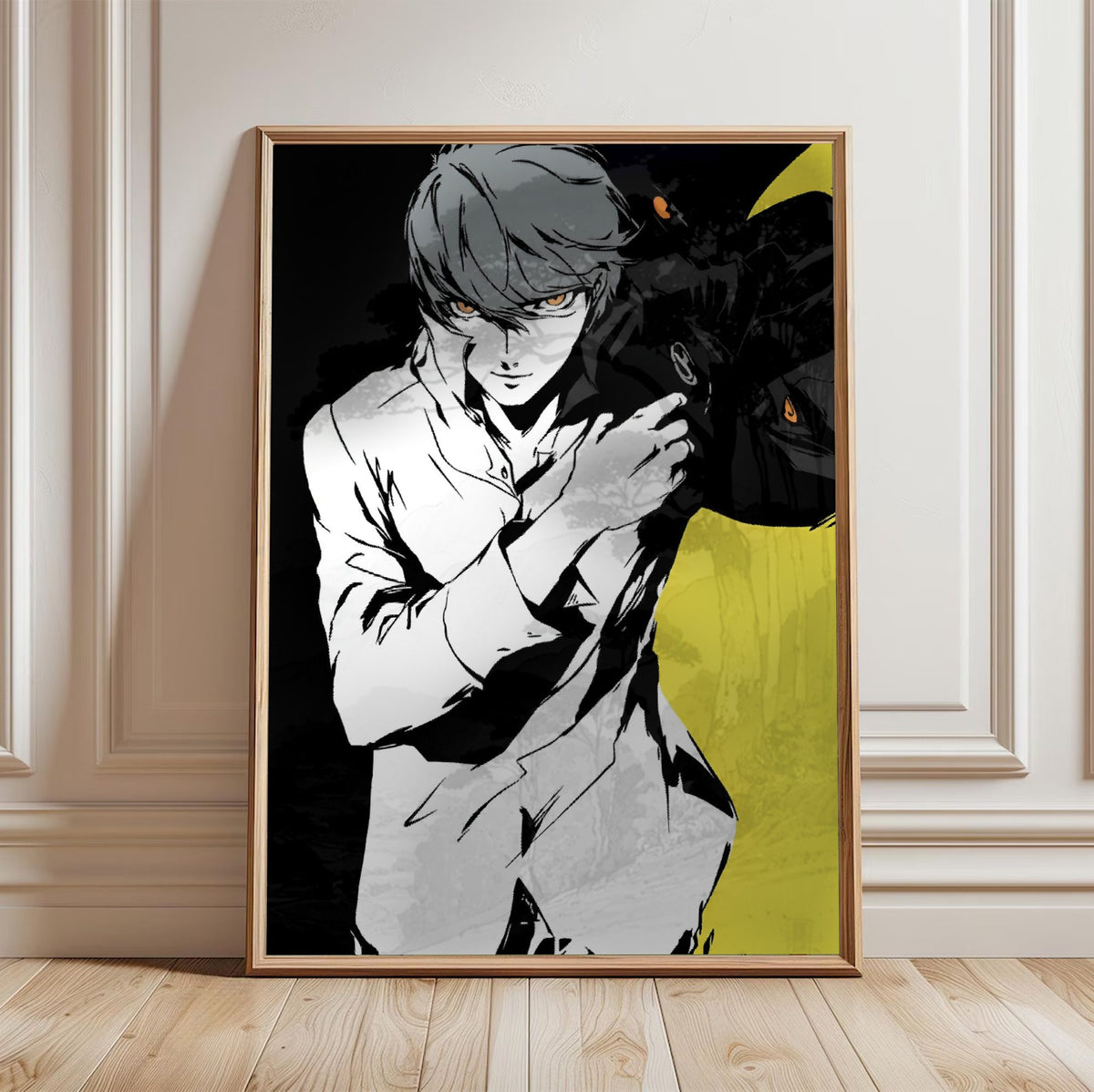 Persona 4 The Animation Yu Narukami Art poster in a light oak frame leaning against a white wall