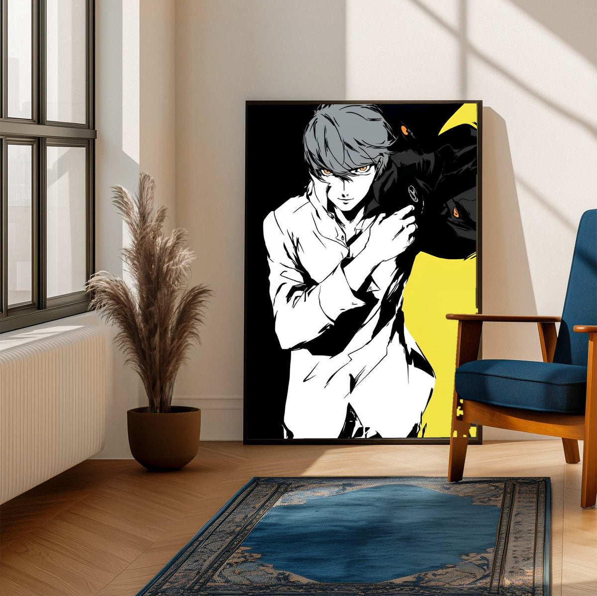Persona 4 The Animation Yu Narukami Art poster framed beside a blue armchair in a sunlit room