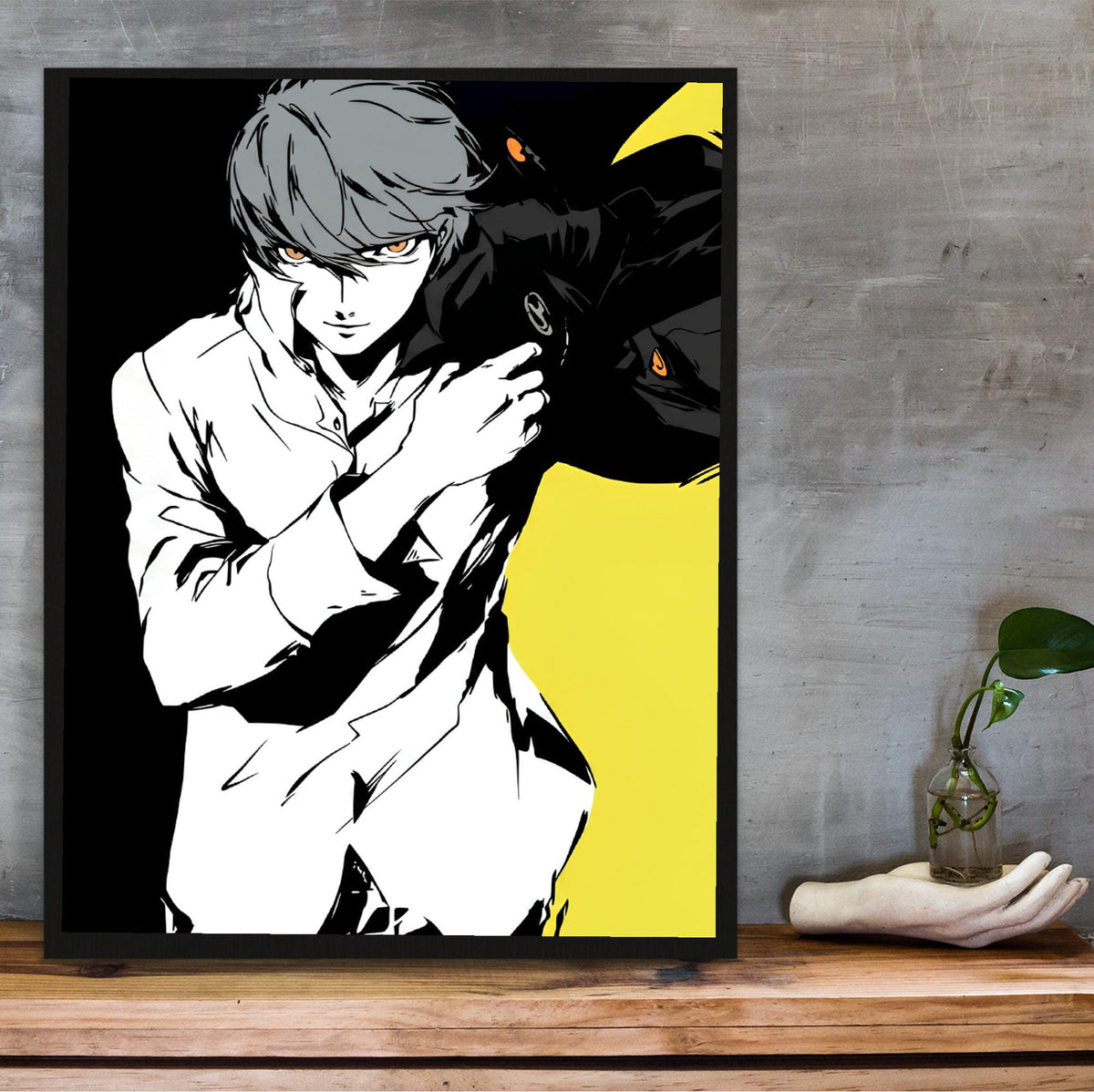 Persona 4 The Animation Yu Narukami Art poster in a black frame on a wooden shelf against concrete
