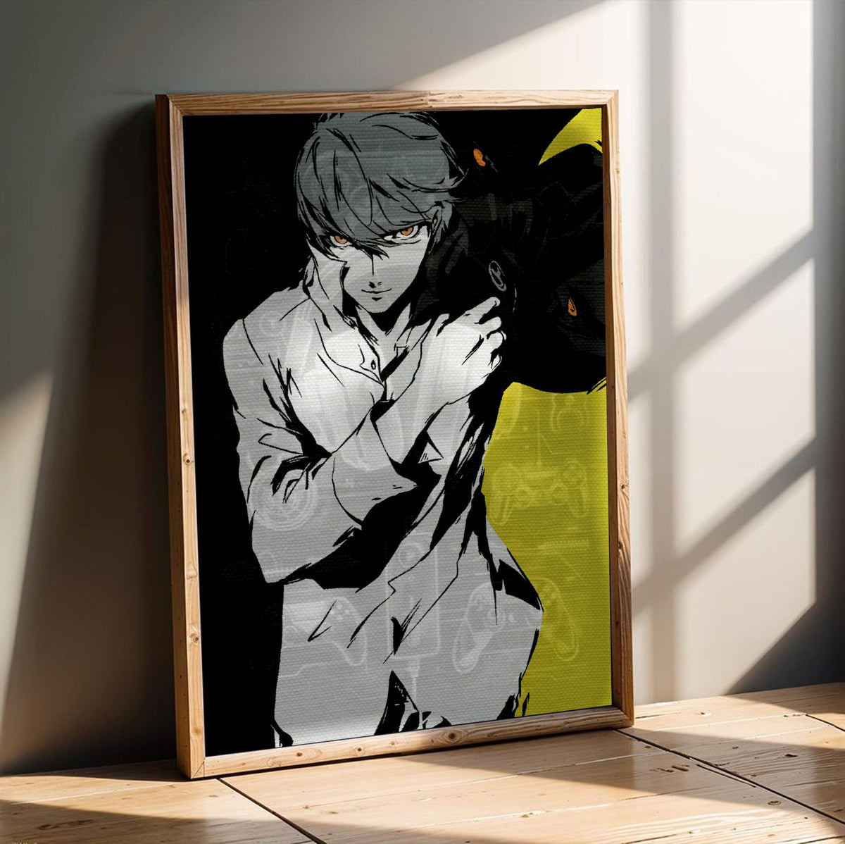 Persona 4 The Animation Yu Narukami Art poster in an oak frame leaning on a wooden floor