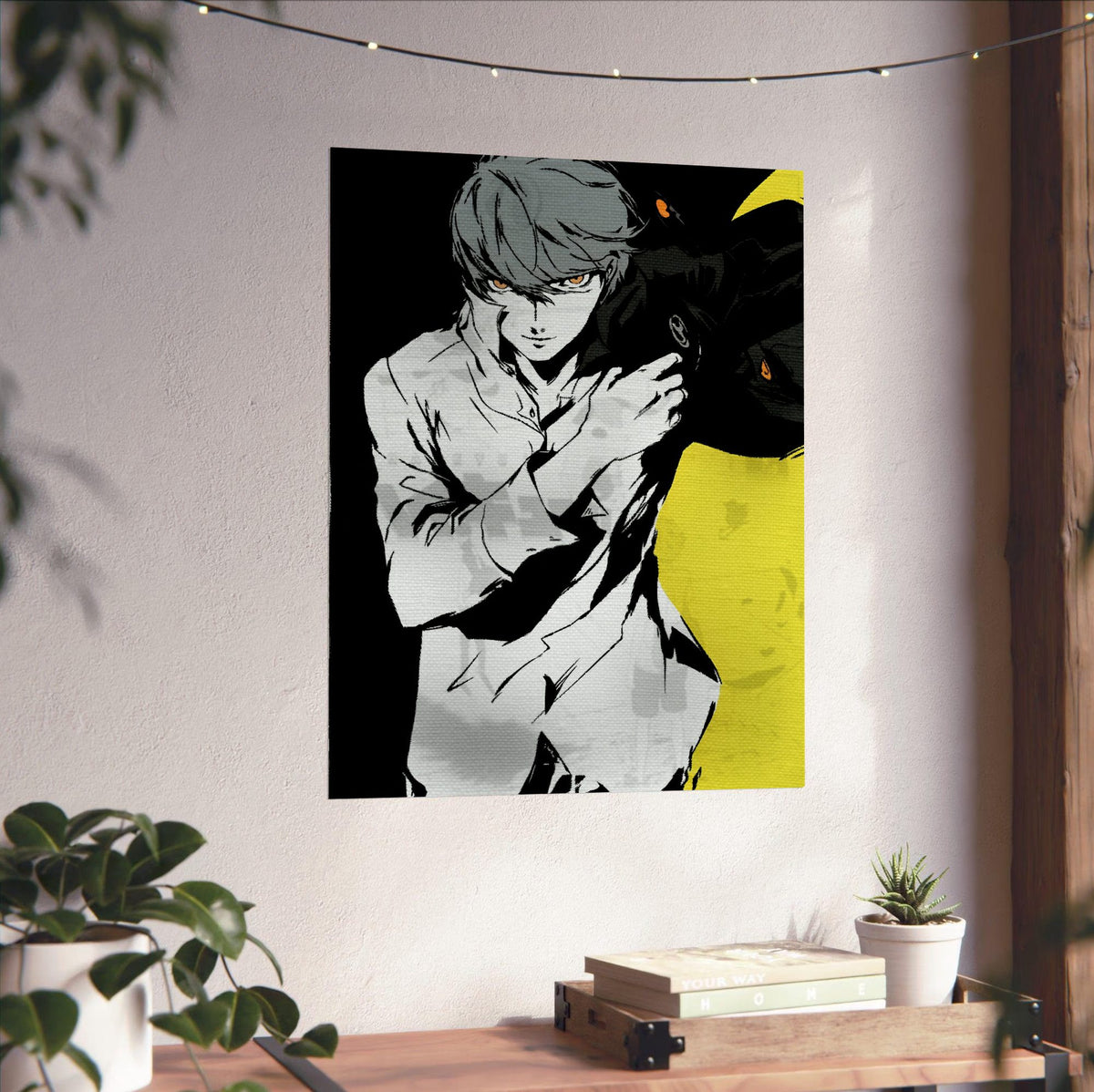 Persona 4 The Animation Yu Narukami Art poster unframed on a white wall above a desk