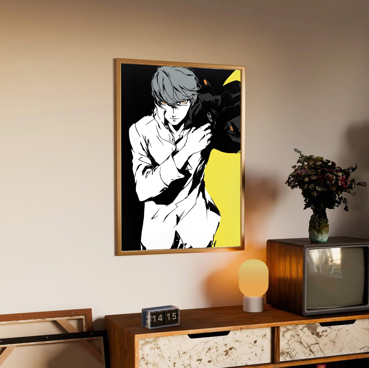 Persona 4 The Animation Yu Narukami Art poster in an oak frame above a sideboard