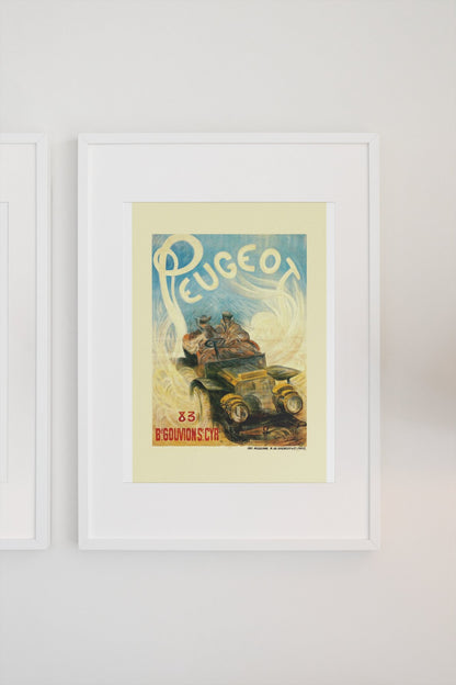 Peugeot poster in a white frame on a light wall