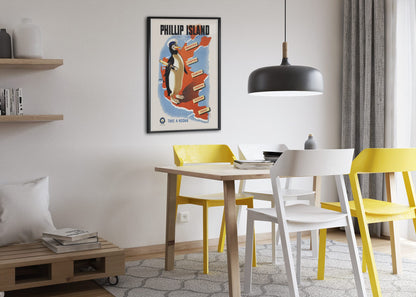 Phillip Island Penguin Map poster framed above a dining table