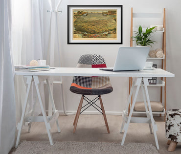 Phoenix 1885 Panoramic Map framed above a white desk in a home office