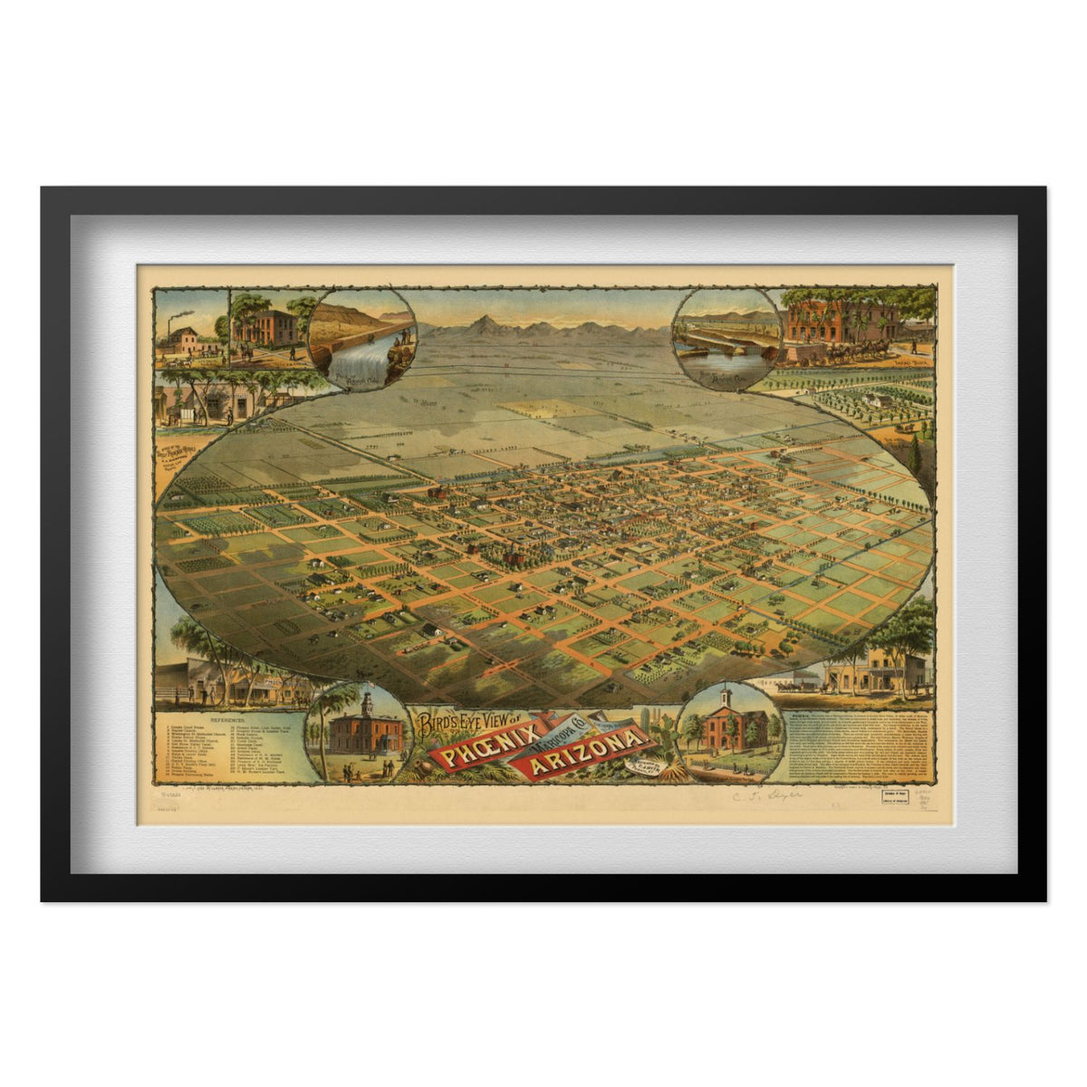 Phoenix 1885 Panoramic Map print in a black frame