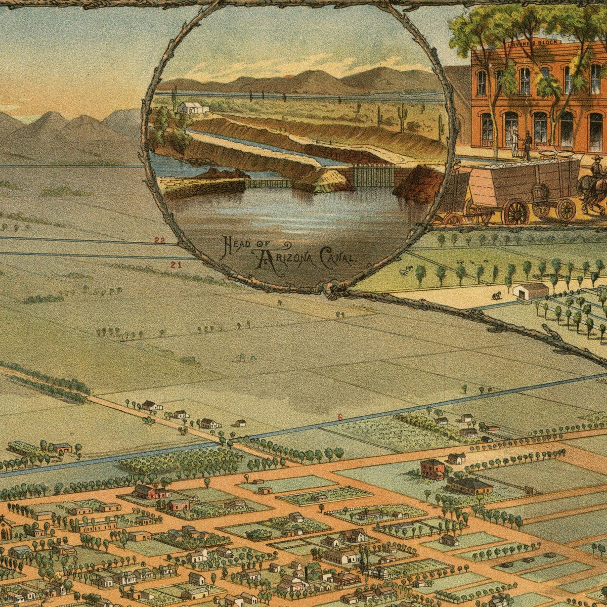 Close-up detail of the Phoenix 1885 Panoramic Map print