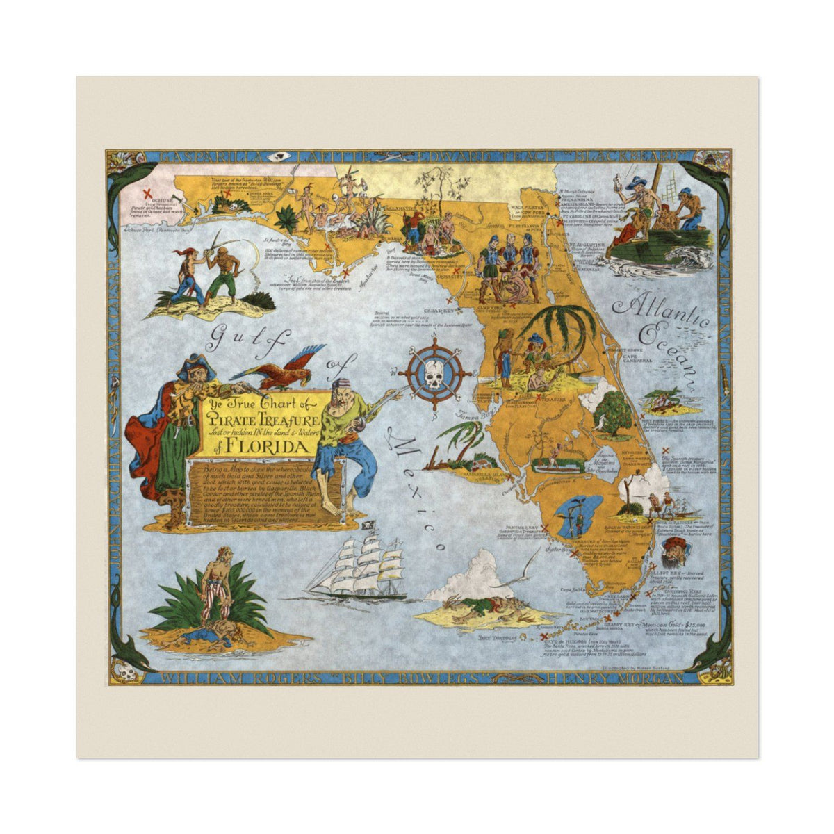 Pirate Treasure of Florida Map vintage print