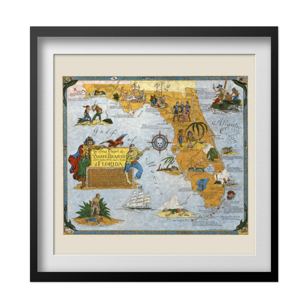 Pirate Treasure of Florida Map print in a black frame with a white mat