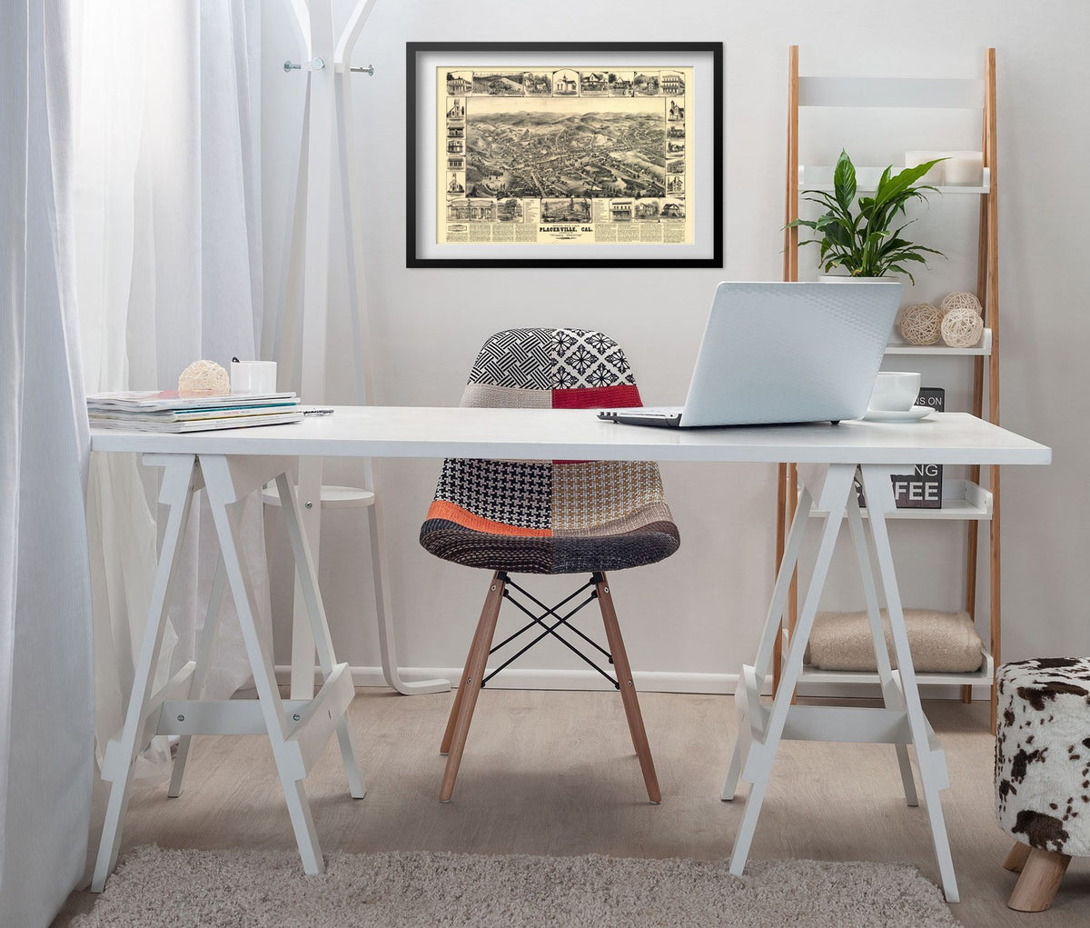 Placerville 1888 Panoramic Map framed above a white desk in a home office