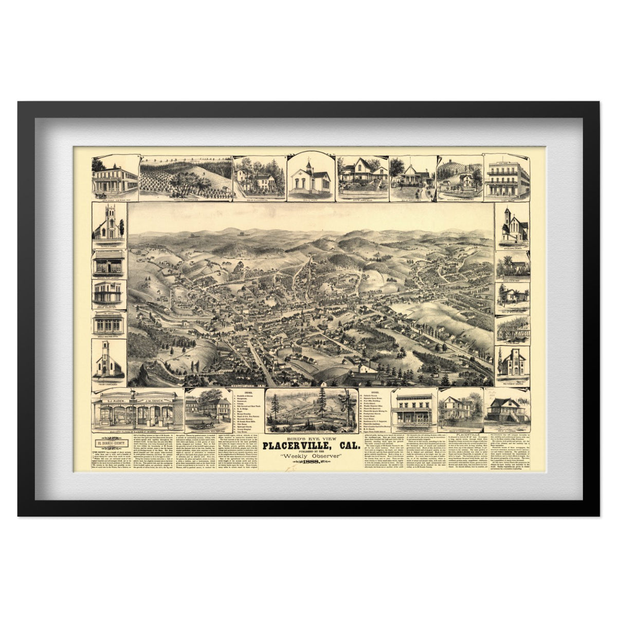 Placerville 1888 Panoramic Map print in a black frame
