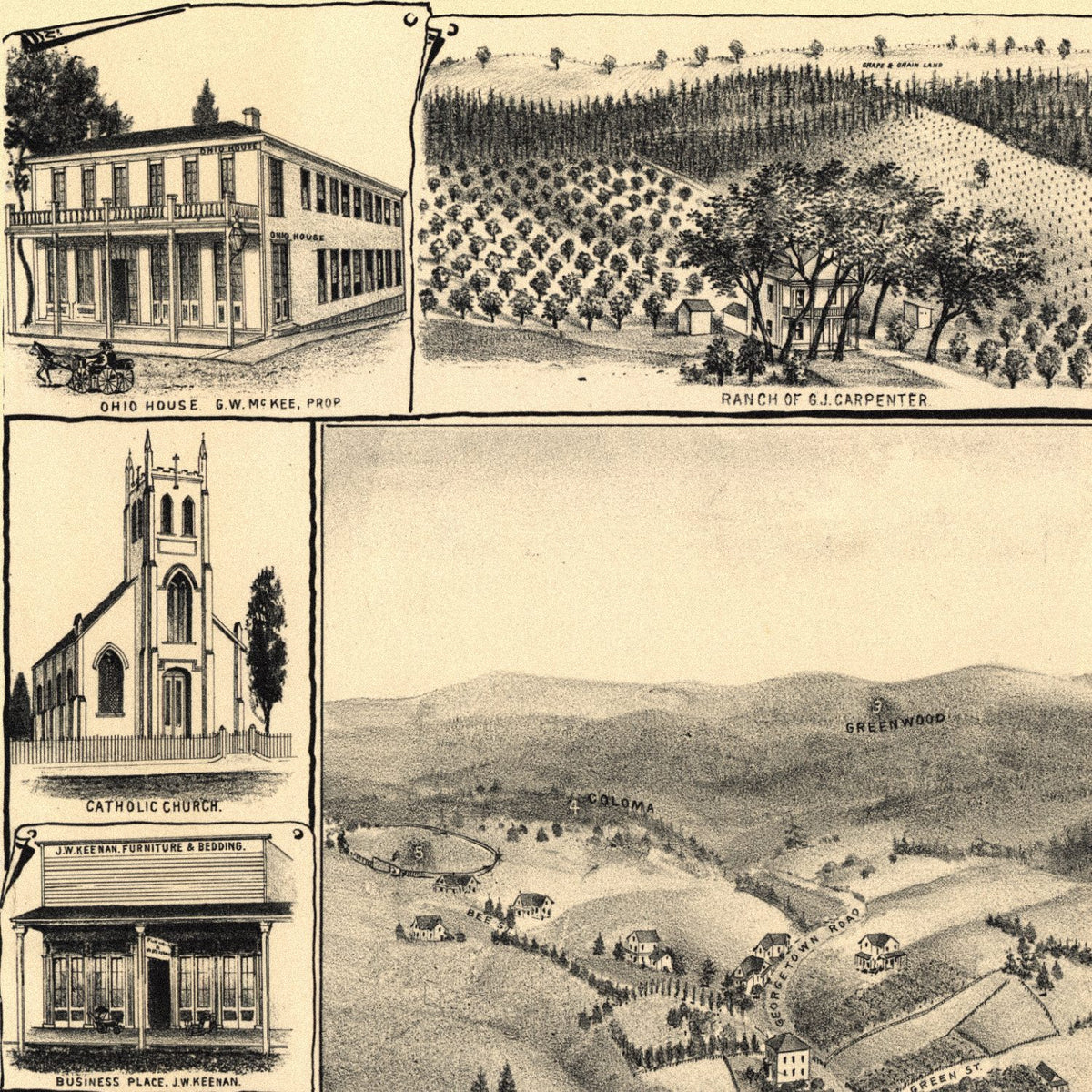 Close-up detail of the Placerville 1888 Panoramic Map print