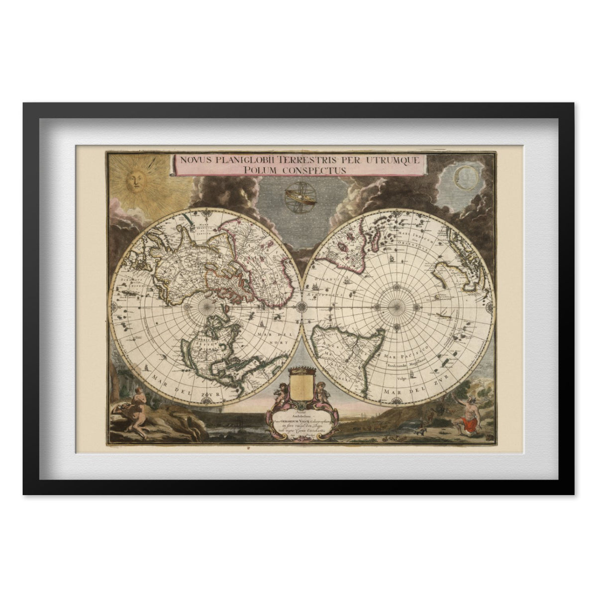 Planiglobii Terrestris 1695 print in a black frame