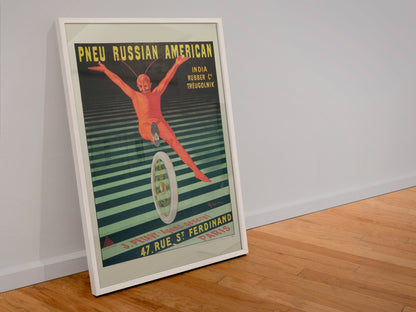 Pneu Russian American poster in a white frame leaning against a wall