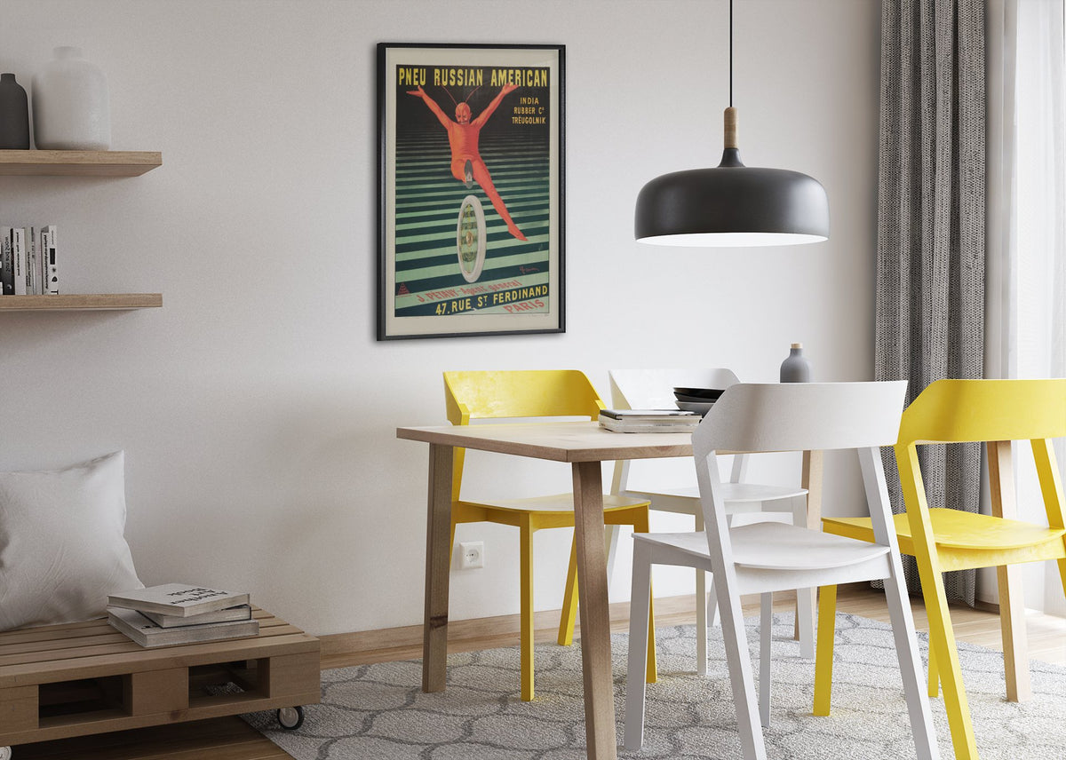 Pneu Russian American poster framed above a dining table