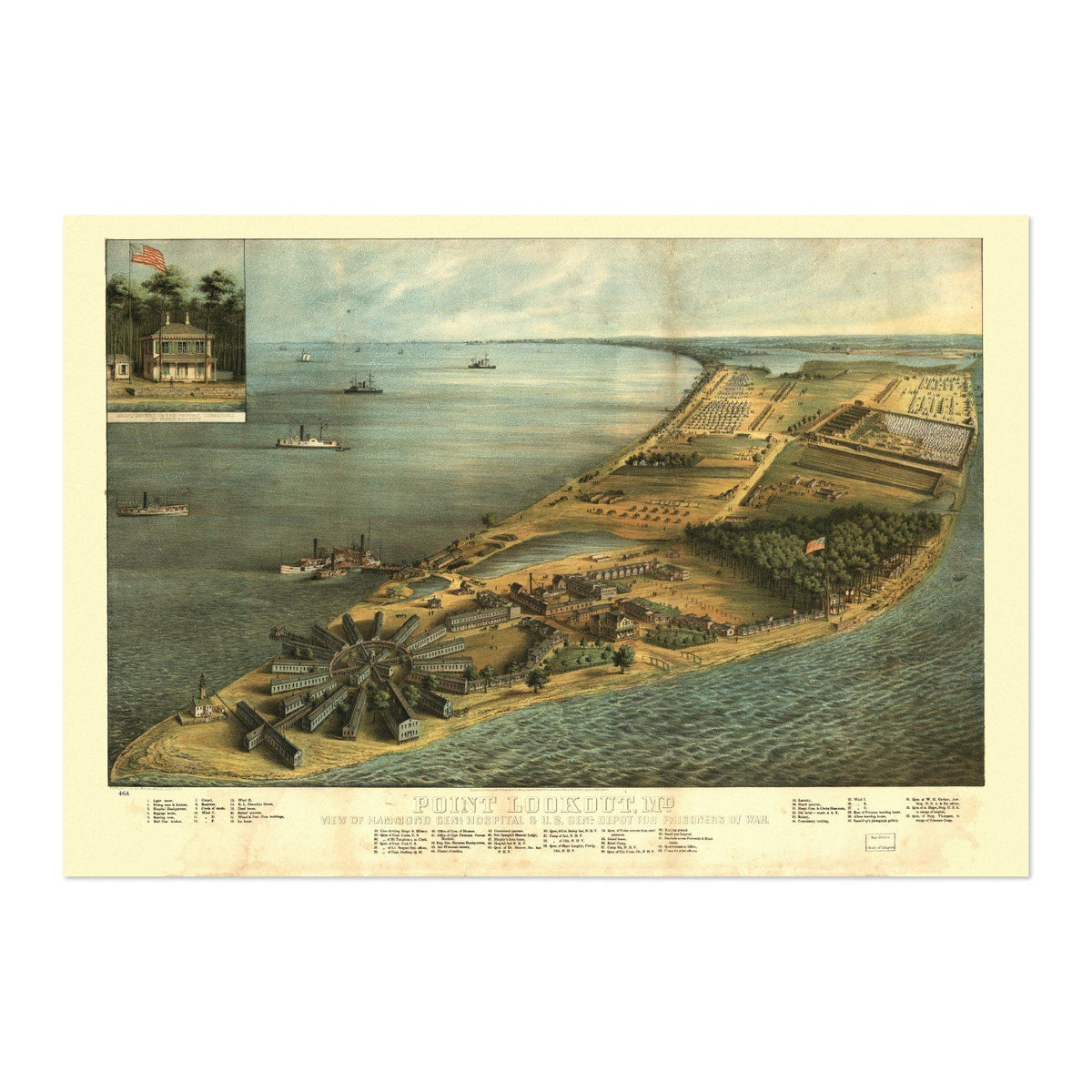 Point Lookout 1864 Civil War Prison Map vintage print