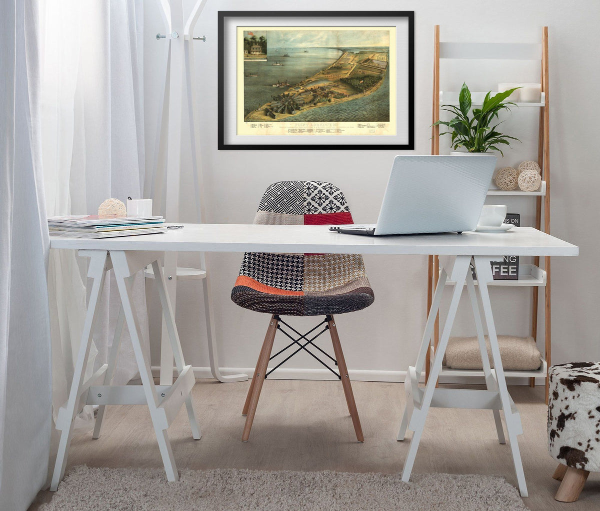 Point Lookout 1864 Civil War Prison Map print framed above a white desk in a home office