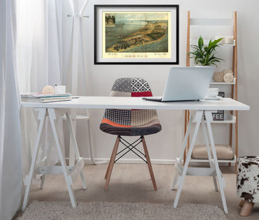 Point Lookout 1864 Civil War Prison Map print framed above a white desk in a home office