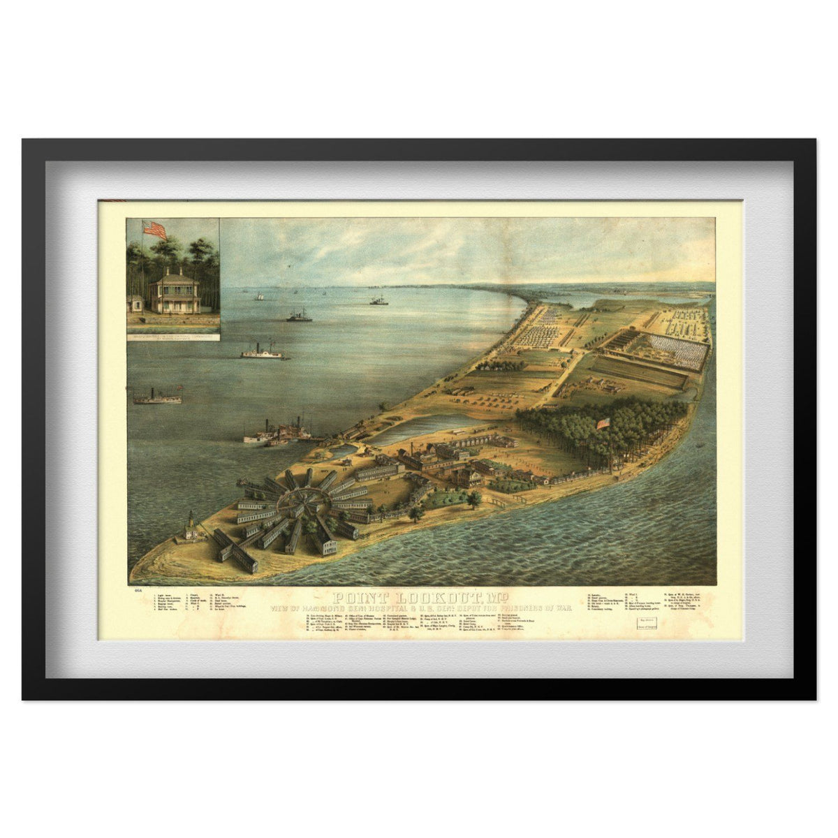 Point Lookout 1864 Civil War Prison Map print in a black frame with a white mat