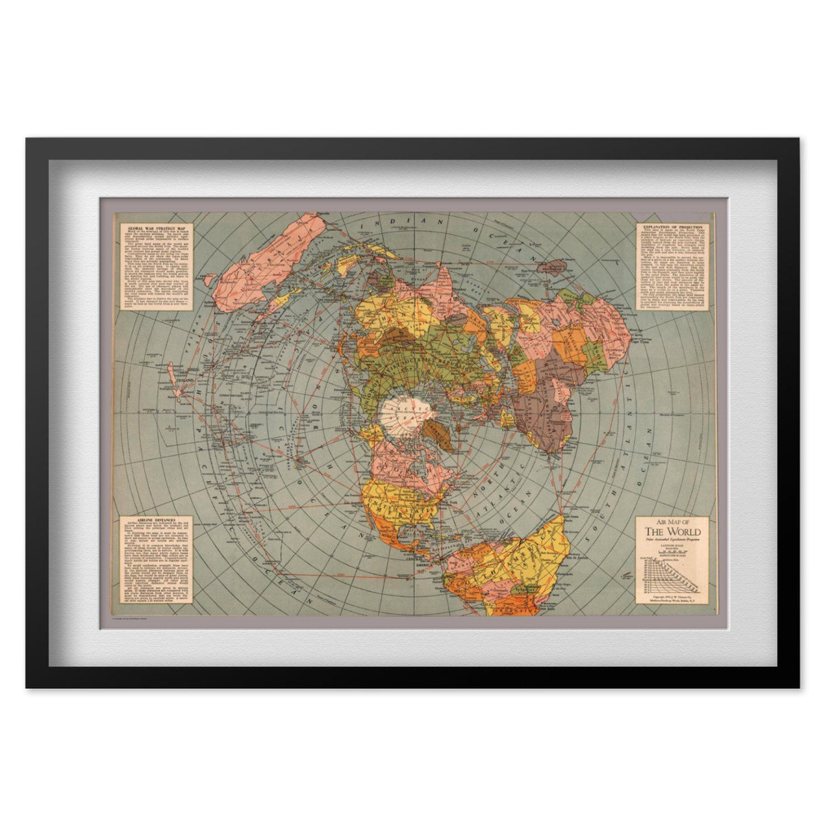 Polar Projection 1943 War Map print in a black frame with a white mat