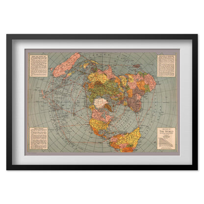 Polar Projection 1943 War Map print in a black frame with a white mat
