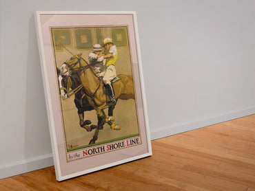 Polo North Shore Line poster in a white frame leaning against a wall