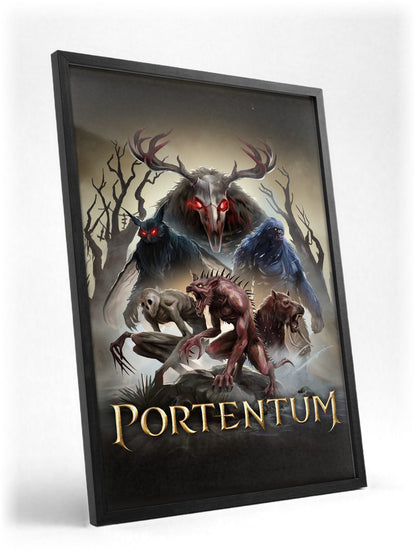 Portentum Box Art poster in a black frame with glass leaning against a wall