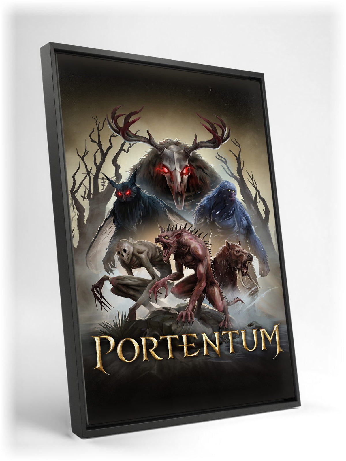 Portentum Box Art as a black floater framed canvas leaning against a wall