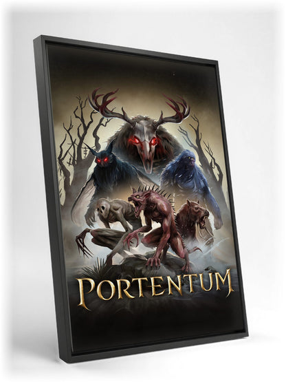 Portentum Box Art as a black floater framed canvas leaning against a wall