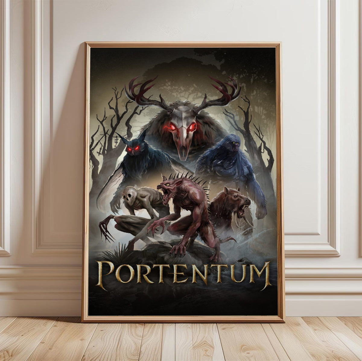 Portentum Box Art poster in a light oak frame leaning against a white wall