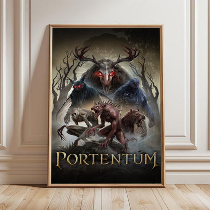 Portentum Box Art poster in a light oak frame leaning against a white wall
