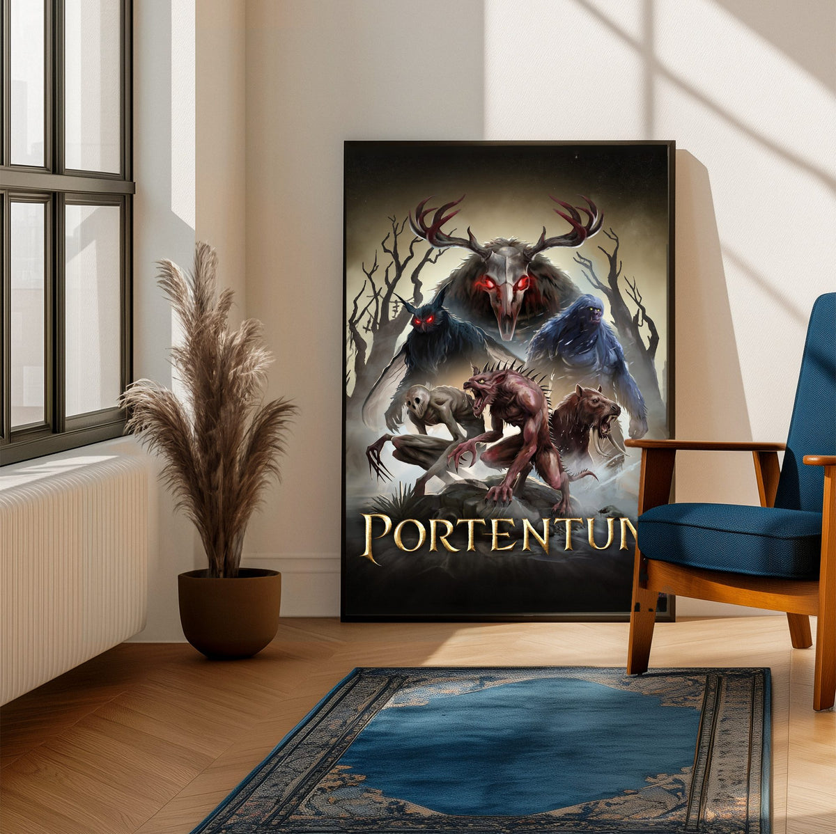 Portentum Box Art poster framed beside a blue armchair in a sunlit room