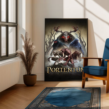 Portentum Box Art poster framed beside a blue armchair in a sunlit room